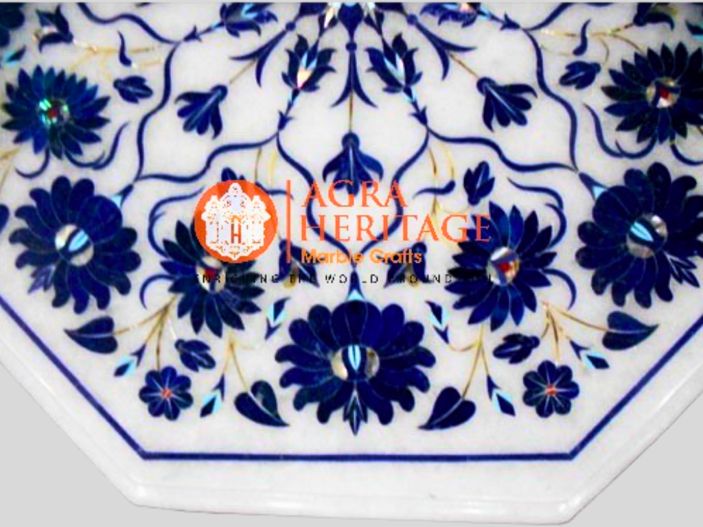 White Marble Lapis Lazuli Inlay Floral Art Corner Table Top